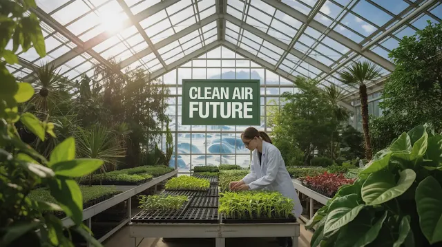 A photograph of a lush, vibrant greenhouse filled with diverse plant life, symbolizing the positive effects of environmental regulation. Sunlight streams through the glass roof, illuminating a single, prominent sign that reads "“Clean Air Future”". In the foreground, a young woman in a lab coat gently tends to a row of seedlings, embodying hope and dedication to sustainable practices. The background shows subtle indicators of global warming reversal; melting ice caps diminishing and forests thriving.