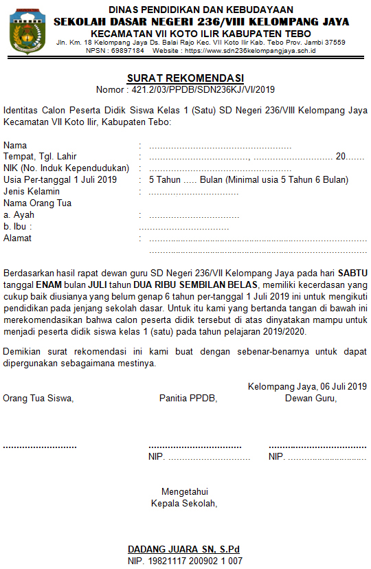 Contoh Surat Rekomendasi Calon Peserta Didik Baru Kelas 1 ...