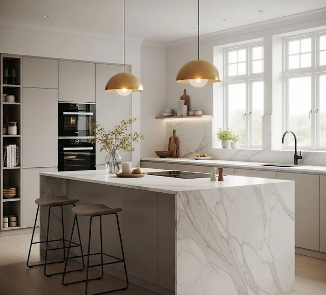 Sleek kitchen island combining marble top, neutral cabinetry, and gold-toned lighting
