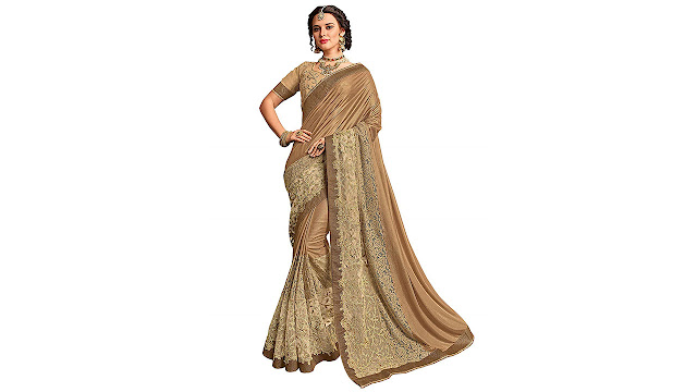 Tadla's Women's Lycra Saree with Patch & Stone Work Embroidered work