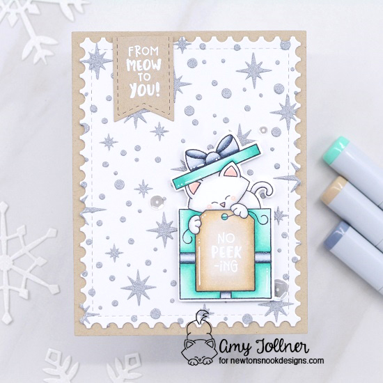 No peeking by Amy features Newton's Gift, Starfield, Framework, and Frames & Flags by Newton's Nook Designs; #inkypaws, #newtonsnook, #holidaycards, #catcards, #cardmaking, #christmascards