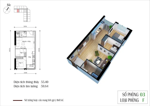 Căn hộ F, 2 ngủ, dt 55m, Eco Green City