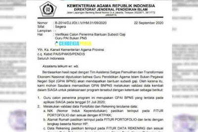 Surat Edaran Verifikasi Daftar Guru PAI Non (Bukan) PNS Calon Penerima Bantuan Subsidi Gaji Guru Surat Edaran Verifikasi Daftar Guru PAI Non (Bukan) PNS Calon Penerima Bantuan Subsidi Gaji Guru