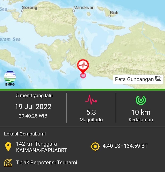 Gempa Bermagnitudo 5,3 Guncang Kaimana, Papua Barat