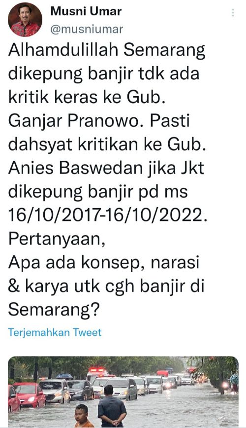 Bandingkan Nasib Ganjar Dan Anies Gegara Banjir, Warganet Malah Ceramahi Musni Umar: Halo Profesor Gadungan, Saya Warga Semarang...