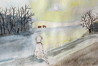 Winterspaziergang mit meinem Hund in meinem Skizzenbuch festgehalten.