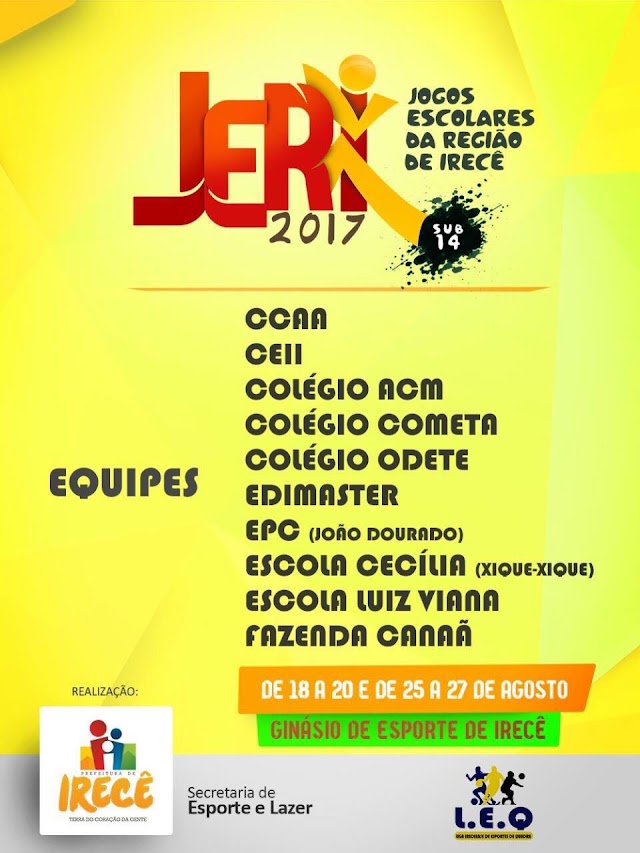 IRECÊ SEDIA JOGOS ESCOLARES A PARTIR DO DIA 18 DE AGOSTO