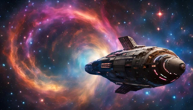 "Spaceship traveling through a colorful galaxy with swirling stars."