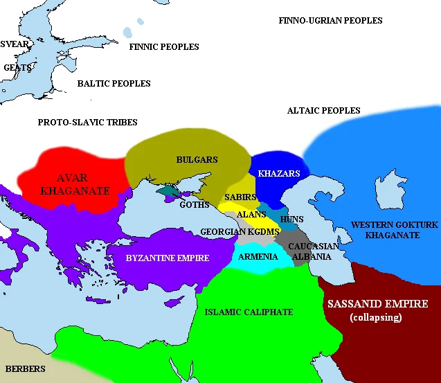 Europa en el año 650 d.C. El Imperio Avariano se indica en rojo, y los Göktürks en azul