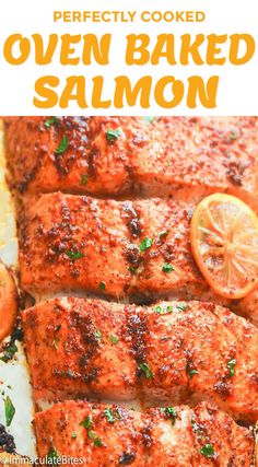 Oven Baked Salmon – moist and flaky highly seasoned salmon fillets with a lemony and spicy kick. A perfect easy weeknight meal for busy folks or as a low-carb go-to Lenten meal. Spicy, lemony, and moist – everything you want a salmon dinner to be!