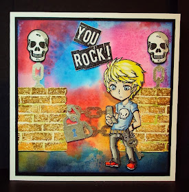 Teenage character stamp brickk wall skulls chain you rock