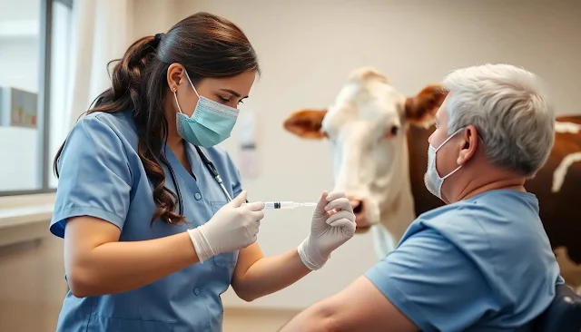 Enfermera en el hospital preparándose para inyectar sangre a un paciente. Vaca en el fondo de la sala.