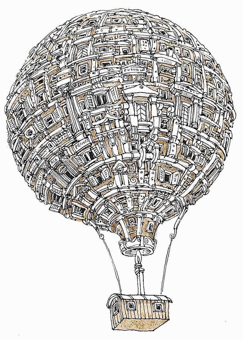 a Mattias Adolfsson drawing of a complex hot air balloon