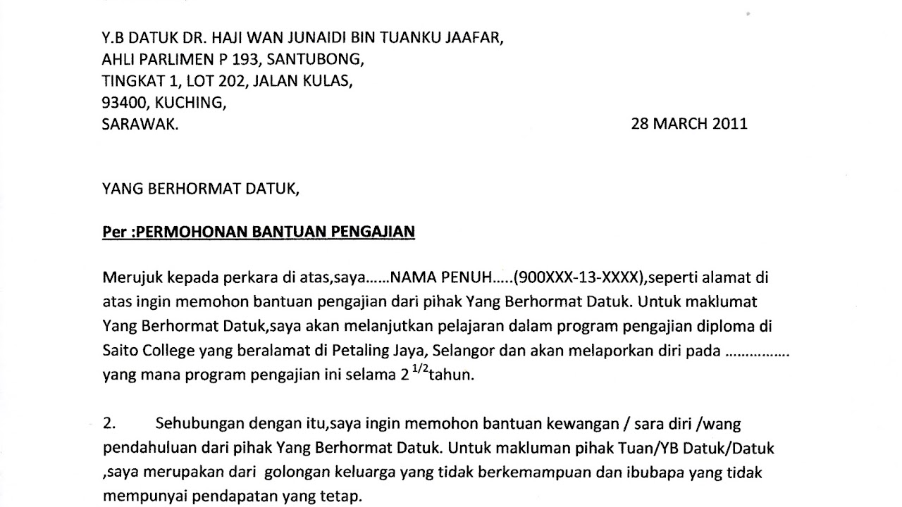 Sumbangan Contoh Surat Rasmi Permohonan Bantuan Kewangan