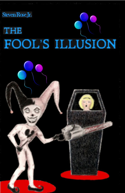 Book cover to "The Fool's Illusion" depicting a ghoulish jester with balloons in the background.