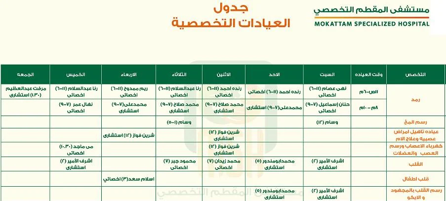 جدول العيادات الخارجية مستشفي المقطم التخصصي