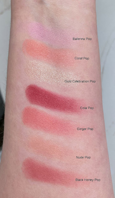 Clinique Cheek Pop Palette including Ballerina Pop, Pearl Coral Pop and Highlighter Gold Celebration Pop Black Honey Cola Nude Ginger Swatch Swatches