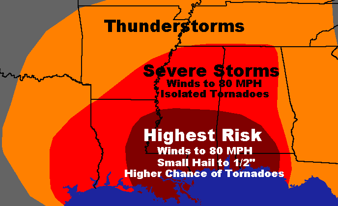 The greatest chance for severe weather Tuesday is going to be along the gulf coast, south of I-20 through Louisiana, Mississippi, and Alabama.