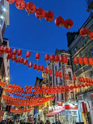 Red balloons in Chinatown in London