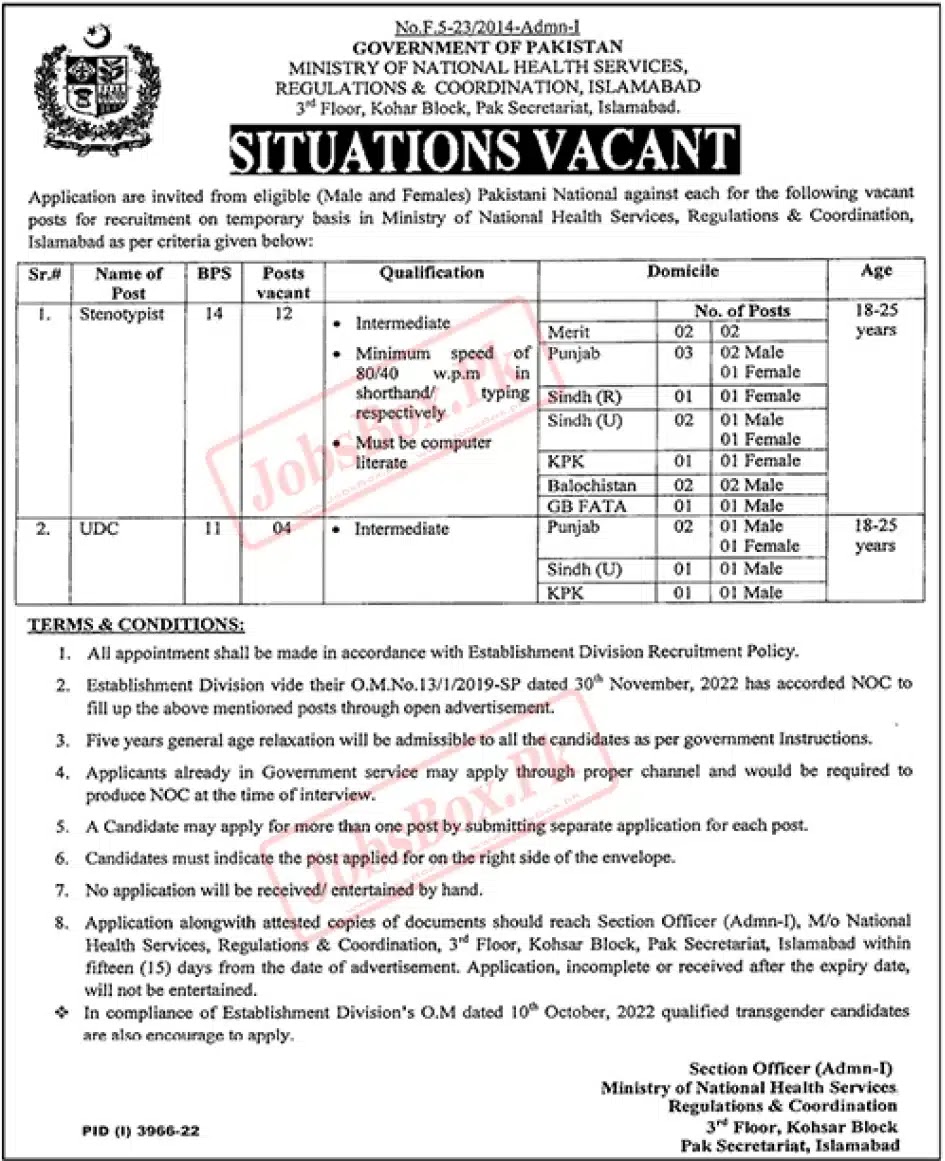 Ministry of National Health Services, Regulations and Coordination Jobs 2023