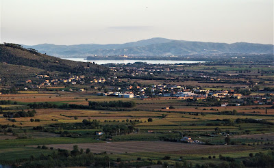 View of Lake Trasimeno and farmlands from Cortona, Tuscany, Italy