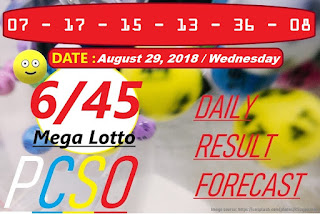 August 29, 2018 6/45 Mega Lotto Result 6 digits winning number combination