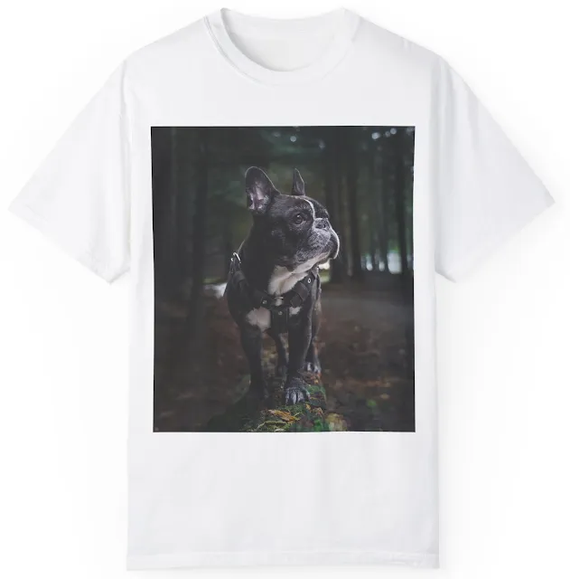 Unisex Garment Dyed Comfort Colors T-Shirt With Portrait of French Bulldog with Black Body and White Chest  Standing for a Pose In the Middle of Jungle Path on a Wood