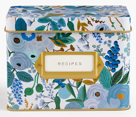 recipe box in blue floral pattern
