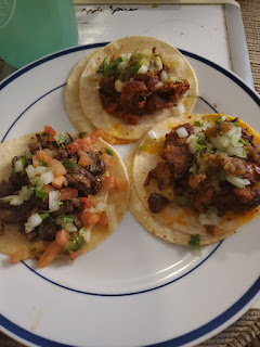 A white plate with three tacos of meat with onions and salsa.