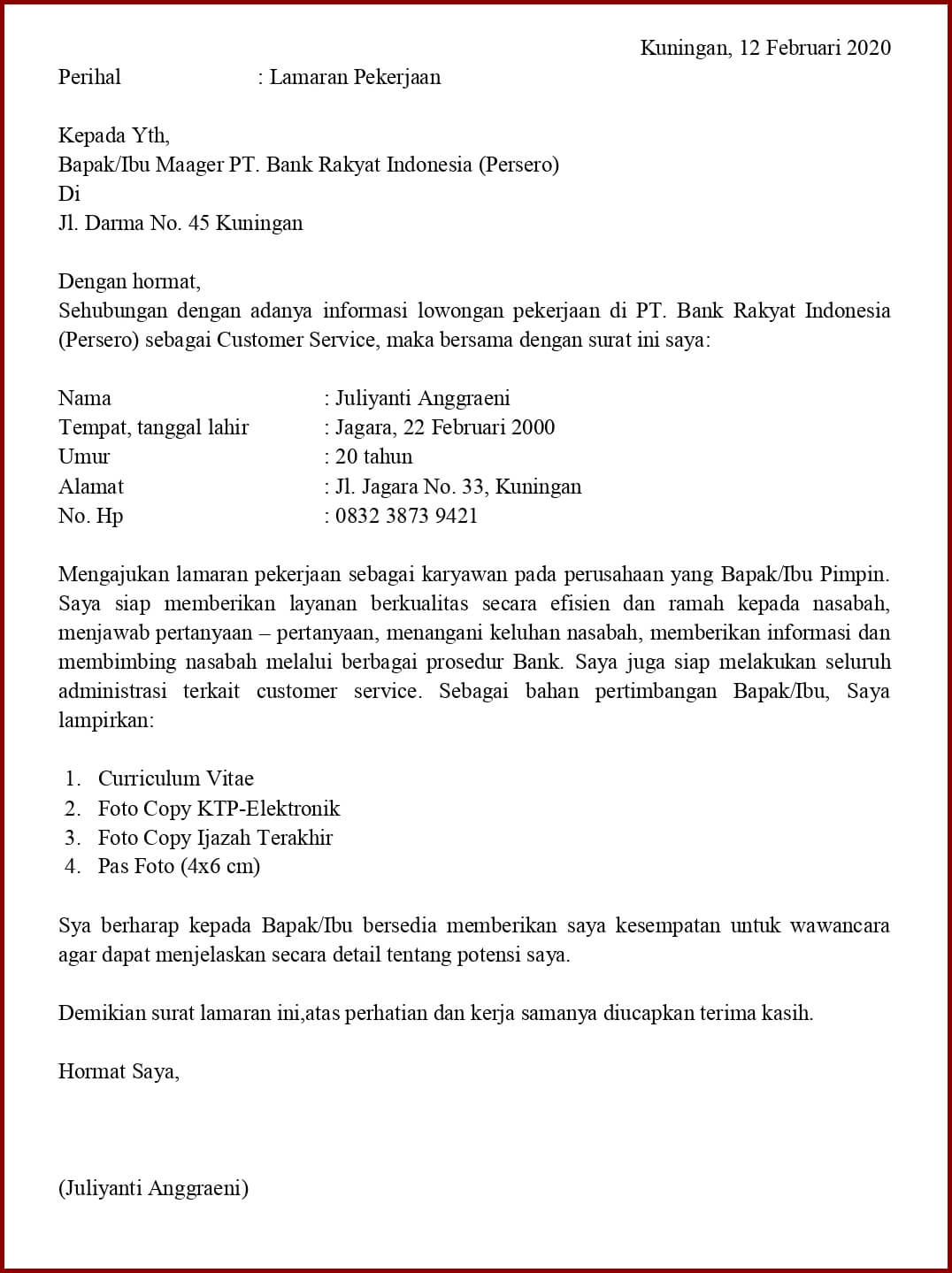 Contoh Application Letter Posisi Customer Service