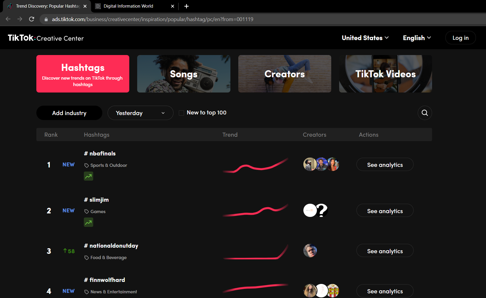 TikTok old Creative Center page for hashtags with search feature on top right, which has been discontinued as of Jan 2024.