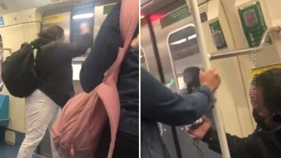 passageira tira mulher mascara forca metro