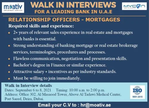 Walk In Interview For Relationship Officers in  A Leading Bank In UAE On 6th Sept To 8th Sept 2021