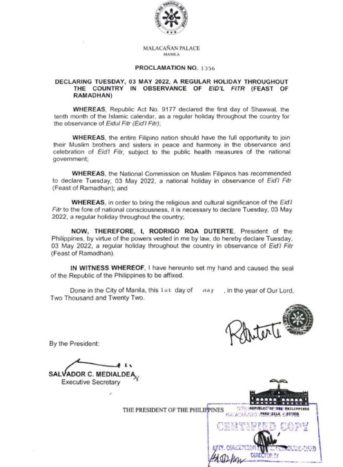 Palace declares May 3, 2022 as regular holiday for Eid'l Fitr
