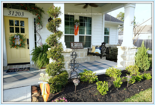 Cottage -Farmhouse- Easter -Front- Porch- DecorTulip-Carrot-Wreath-Porch-Swing--From My Front Porch To Yours