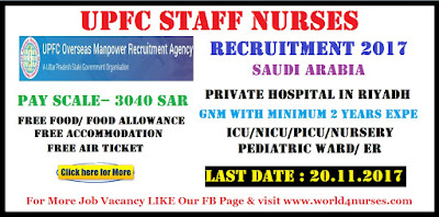 UPFC Saudi Arabia Recruitment for female Staff Nurses November 2017