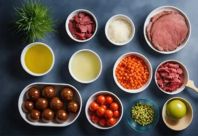 Fresh ingredients for healthy recipes, including vegetables, meats, and oils.
