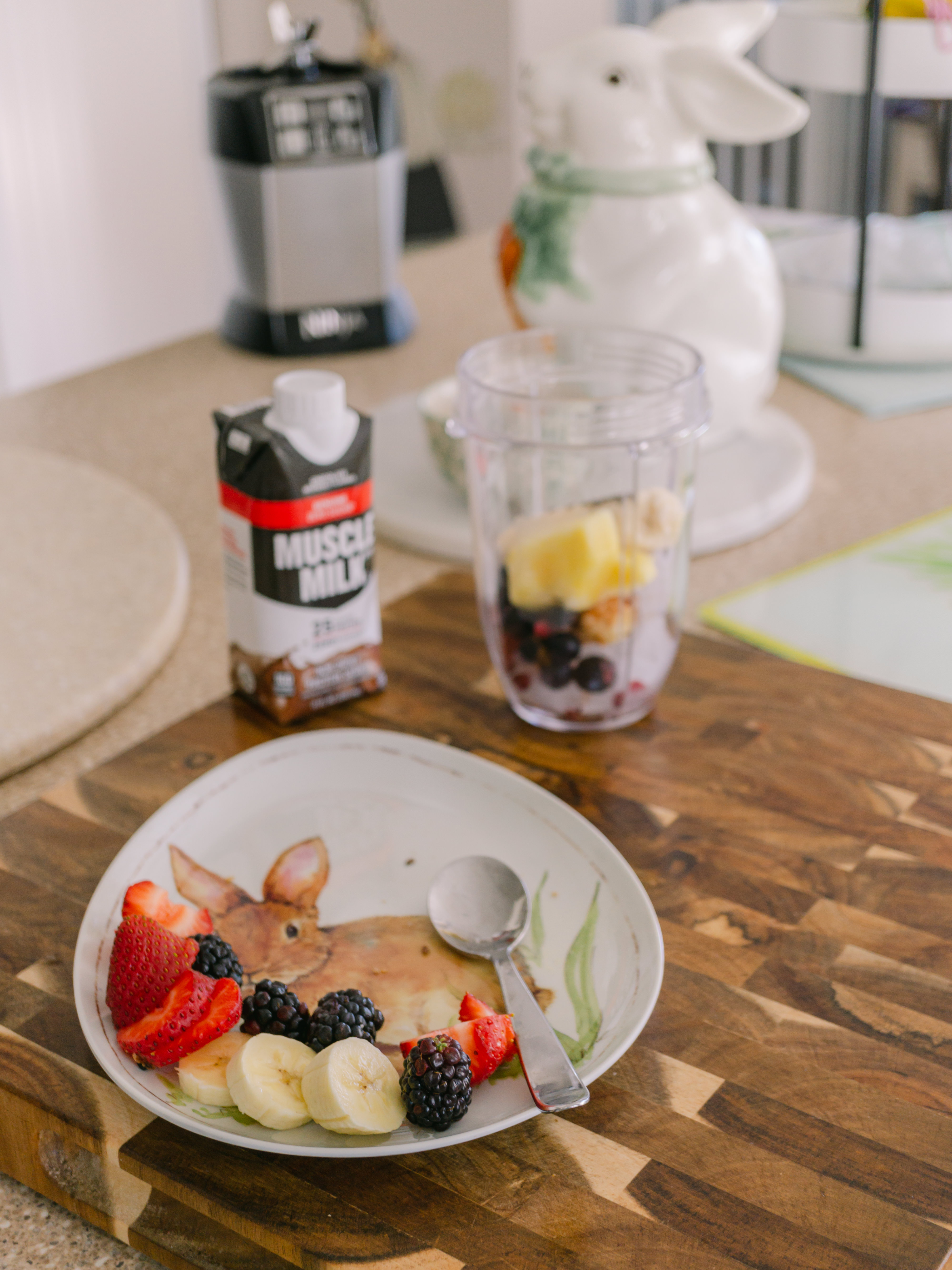 fresh fruit and a chocolate smoothie