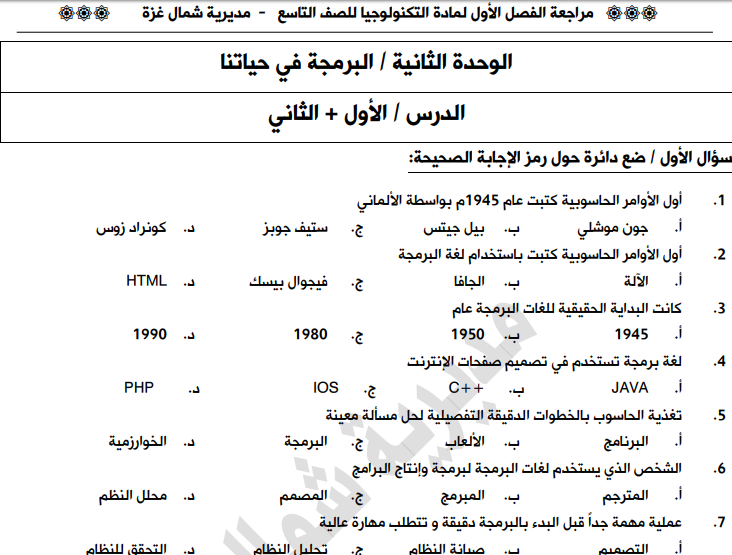 مراجعة شاملة واسئلة منوعة للفصل الأول في مادة التكنولوجيا للصف التاسع 2018-2019