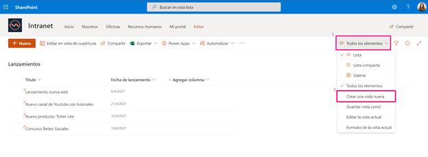 Captura de pantalla de SharePoint - Crear Vista