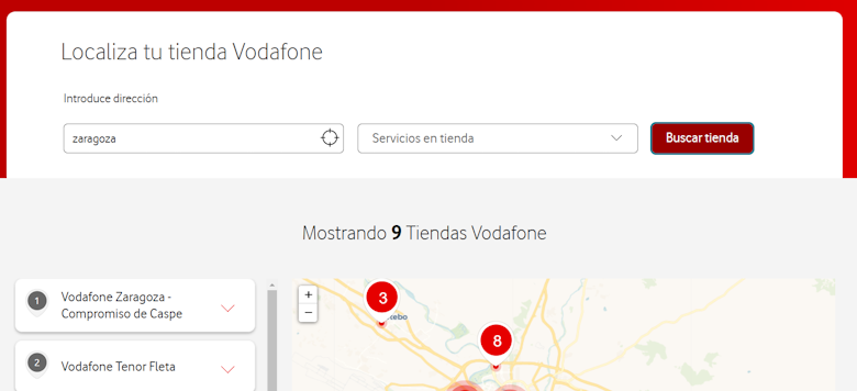 Captura de una página del buscador de tiendas de Vodafone. El foco de teclado está en el botón Buscar tienda. Debajo se han recargado dinámicamente los resultados con un mensaje previo Mostrando 9 tiendas Vodafone