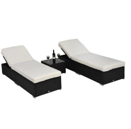 Outsunny 3PC Wicker Sun Lounger Chaise Recliner with Table Set