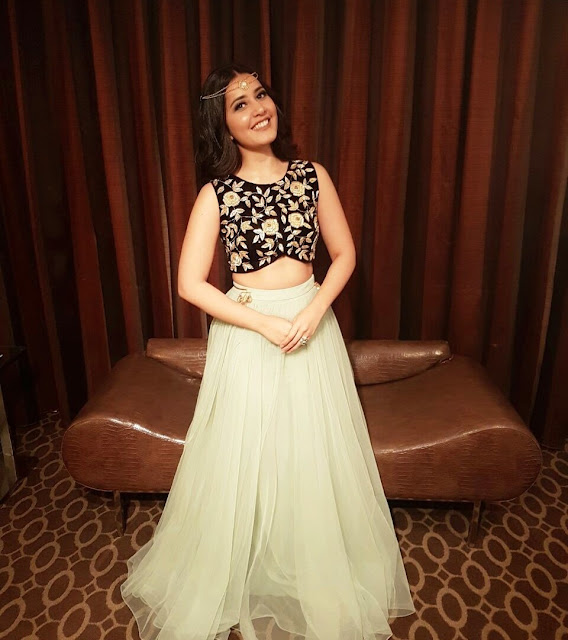 Rashi Khanna in Sleeveless Black Top and Cream Lehenga