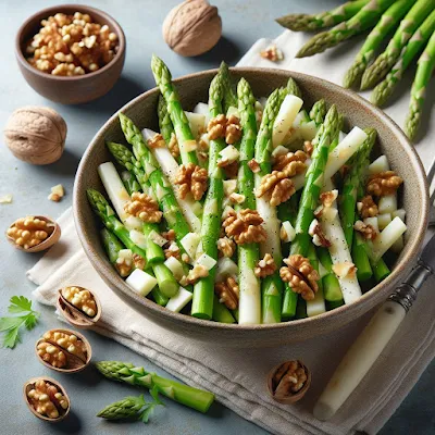 Auf dem Bild sieht man eine Schale mit grünem und weißem Spargel und Walnusshälften. Der Spargelsalat sieht sehr lecker, aromatisch und appetitlich aus.