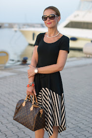 summer outfits, black and white striped dress, DKNY, Louis Vuitton Speedy 30 bag, Fashion and Cookies