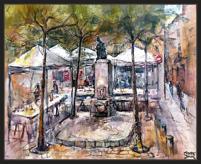 BERGA-PLAÇA DE LES FONTS-PINTURA-FIRA DEL BOLET-PAISATGES-PINTURES-CATALUNYA-BERGUEDÀ-ATMOSFERA-PLUJA-PINTOR-ERNEST DESCALS