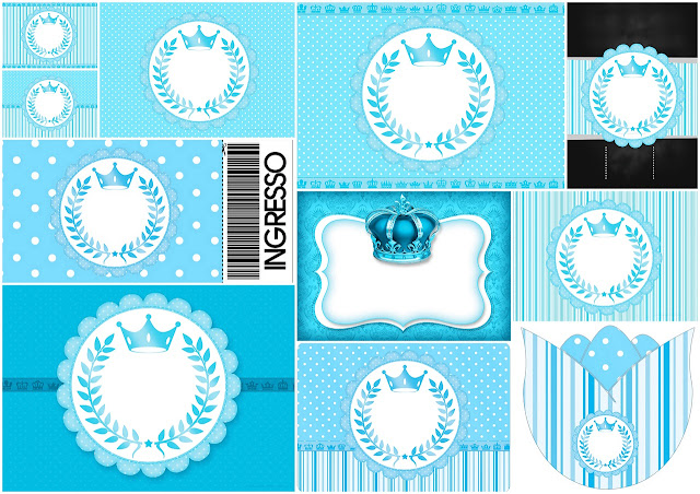 Light Blue Crown in Stripes and Polka Dots  Free Printable Invitations for a Quinceanera Party.