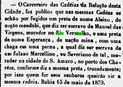 Dono de escravo morador do Rio Vermelho convocado pelo carcereiro