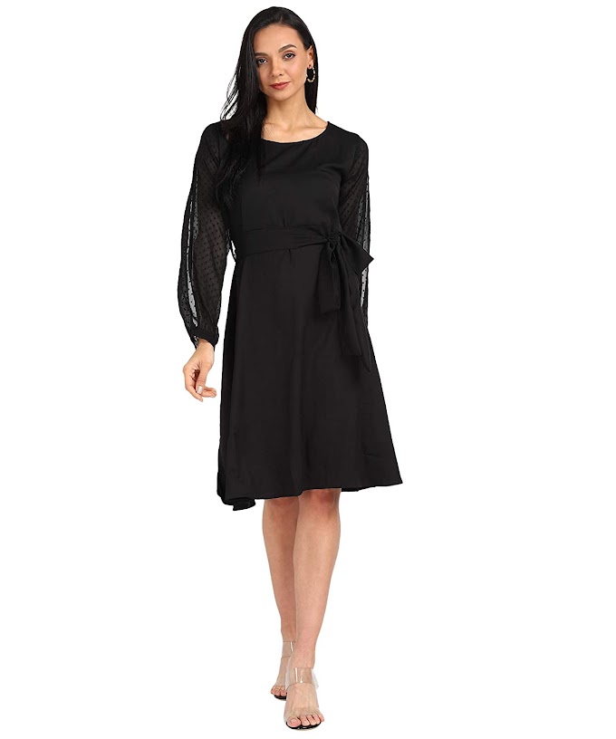 Serein Women's Crepe Midi Dress (Black Color Solid Cutted Chiffon Full Sleeve Dress)