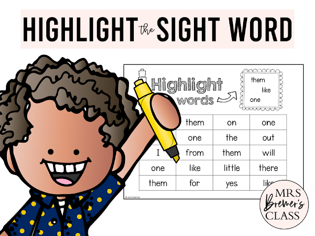 Highlight the Sight Words activity for sight word practice of Dolch first 105 sight words in order of frequency for Kindergarten and First Grade